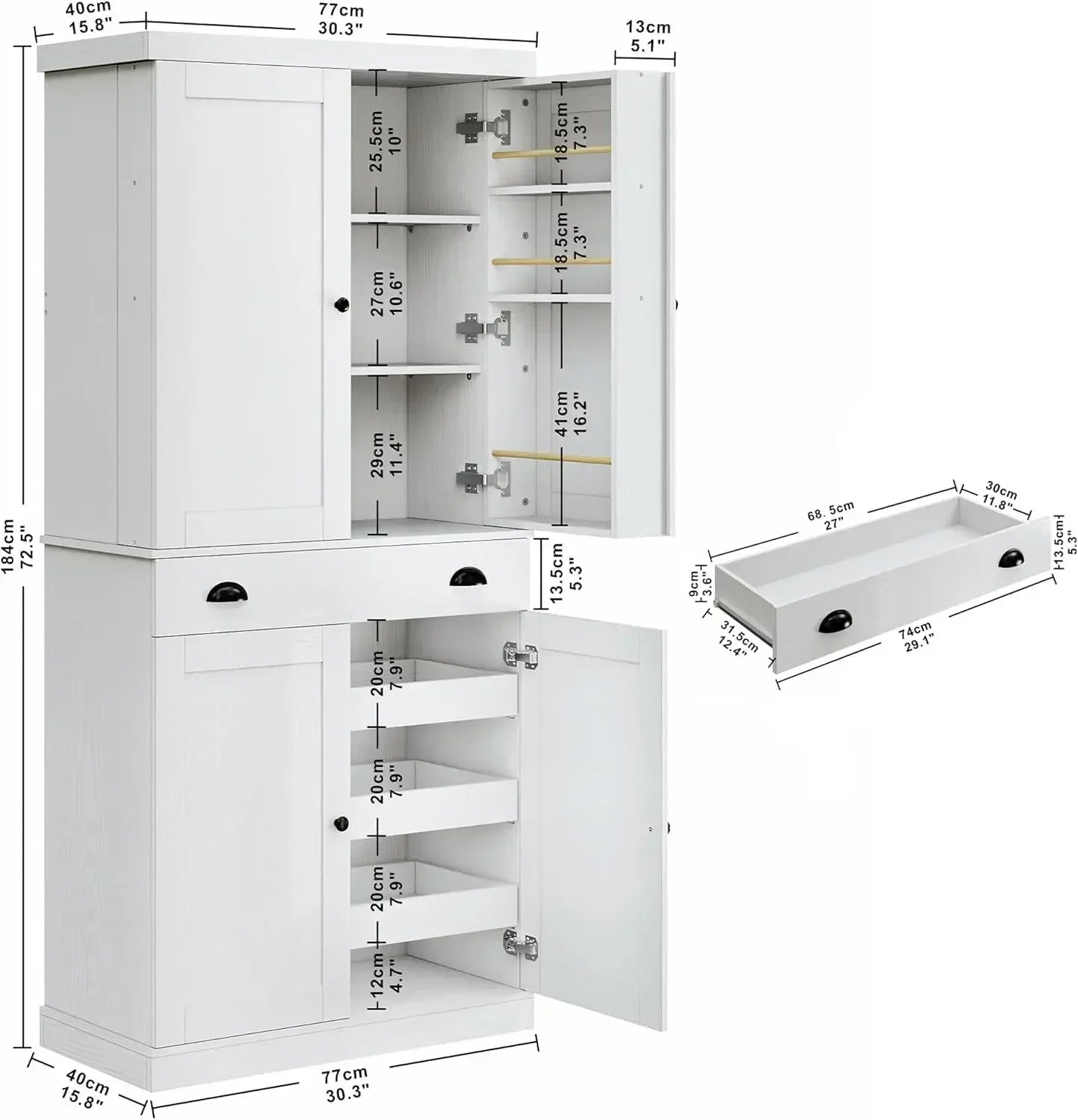 72" Height Pantry Cabinet with Drawer, Sliding Storage Rack
