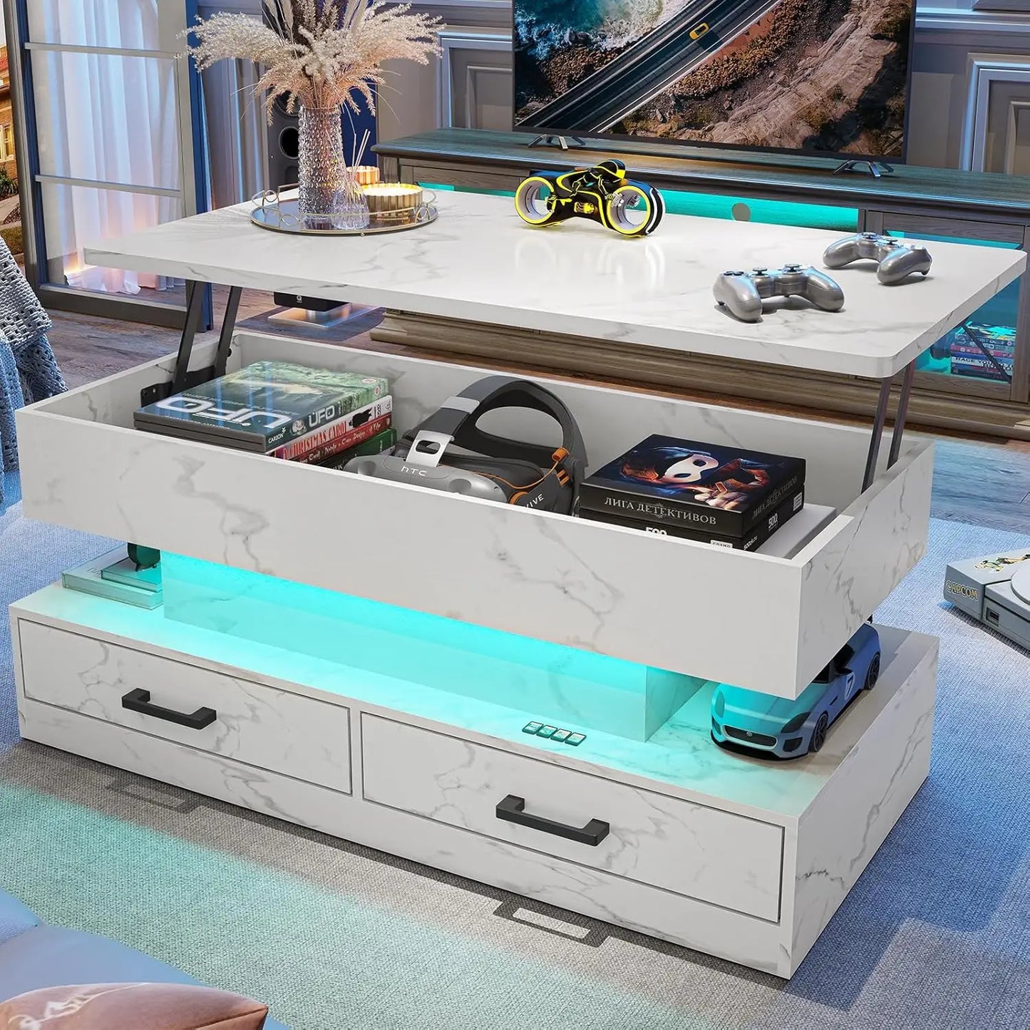 Lift Top Table with 2Fabric Drawers, Storage & LED Light