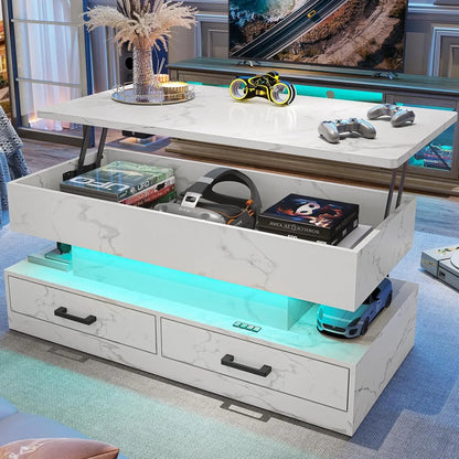Lift Top Table with 2Fabric Drawers, Storage & LED Light
