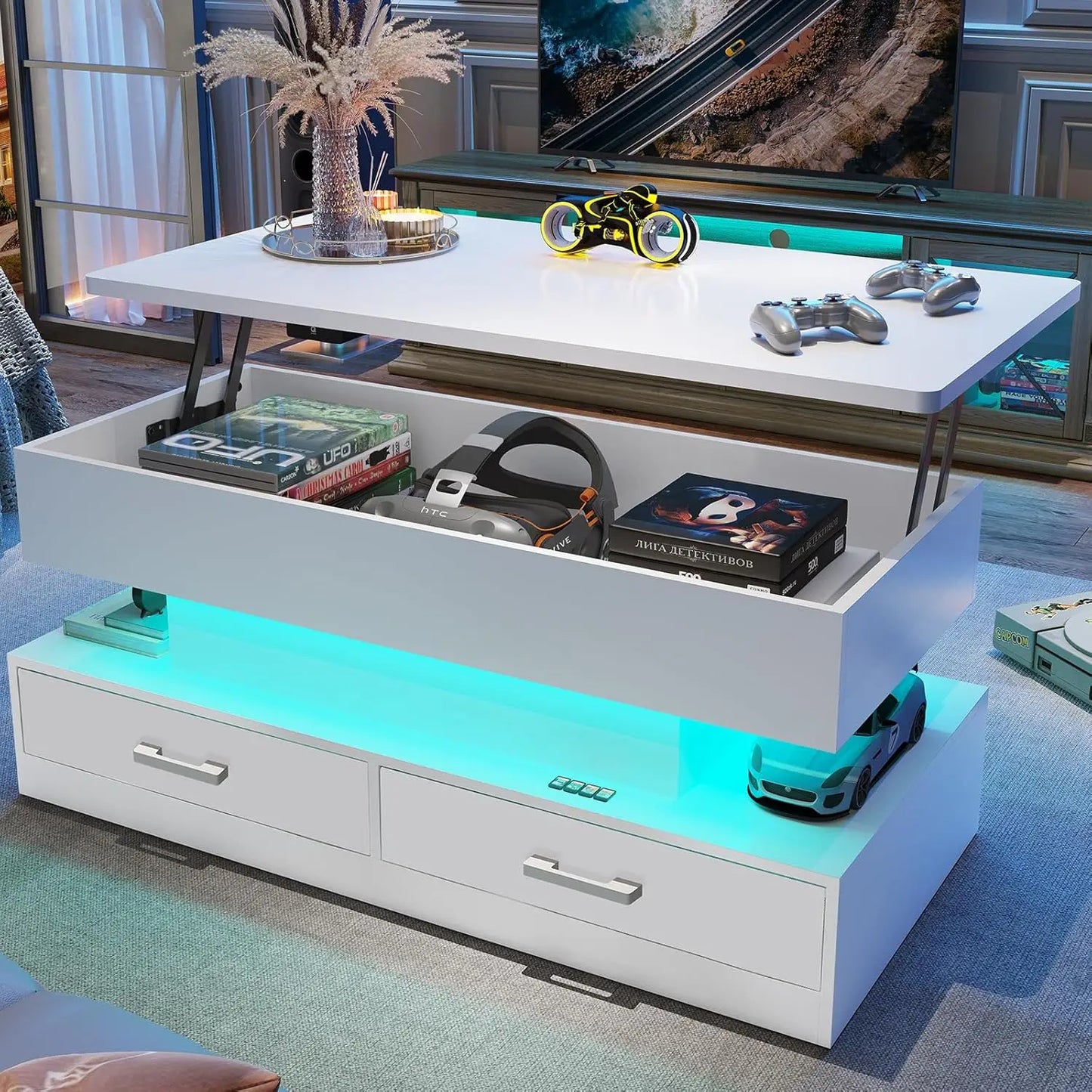 Lift Top Table with 2Fabric Drawers, Storage & LED Light