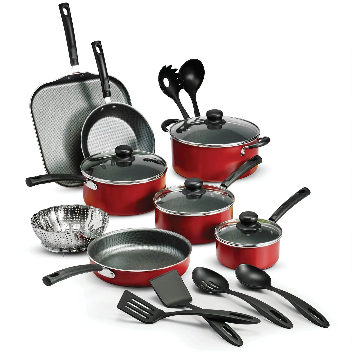 Cookware Nonstick, Stainless-Steel Sets, Red, 18 Piece Set