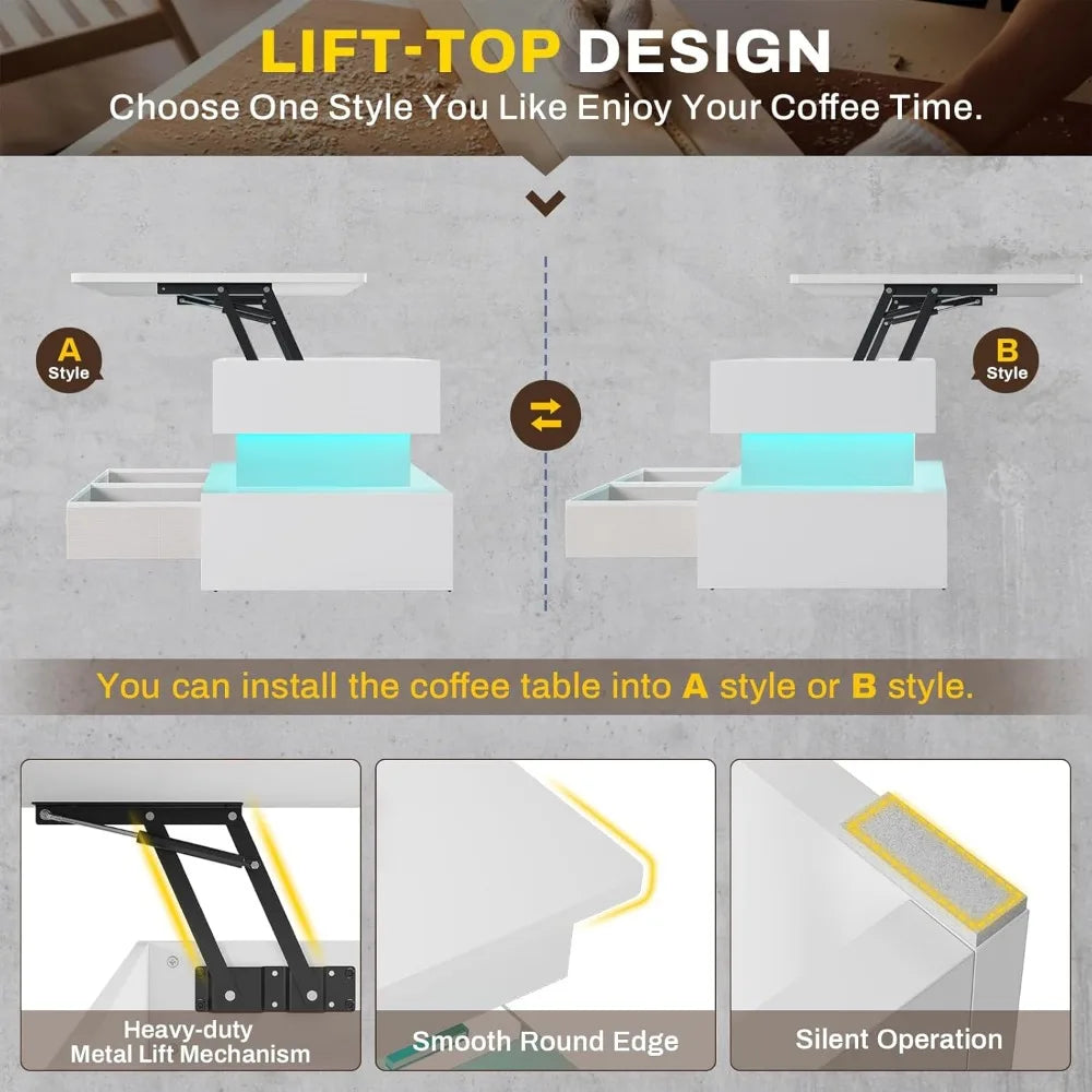 Lift Top Table with 2Fabric Drawers, Storage & LED Light