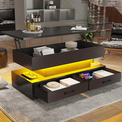 Lift Top Table with 2Fabric Drawers, Storage & LED Light