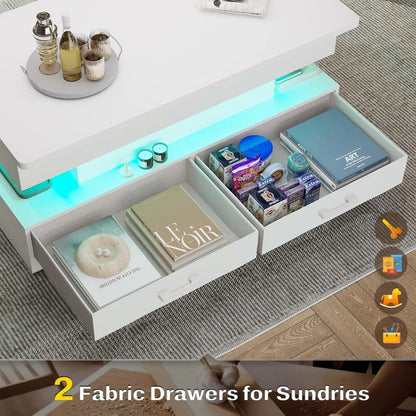 Lift Top Table with 2Fabric Drawers, Storage & LED Light