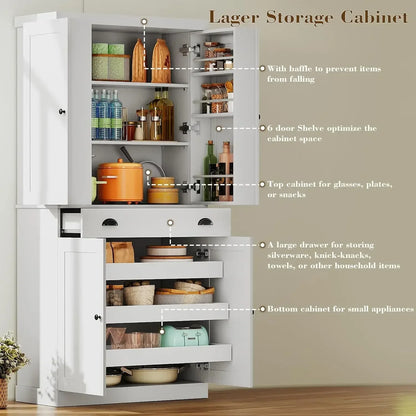 72" Height Pantry Cabinet with Drawer, Sliding Storage Rack