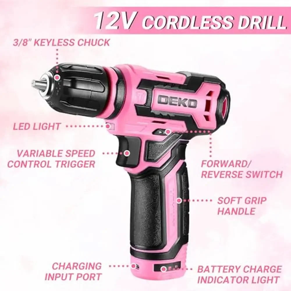 Pink Tool Set with 12V Cordless Drill Combo Kit