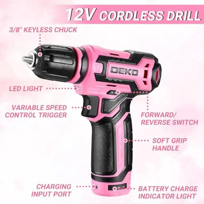 Pink Tool Set with 12V Cordless Drill Combo Kit