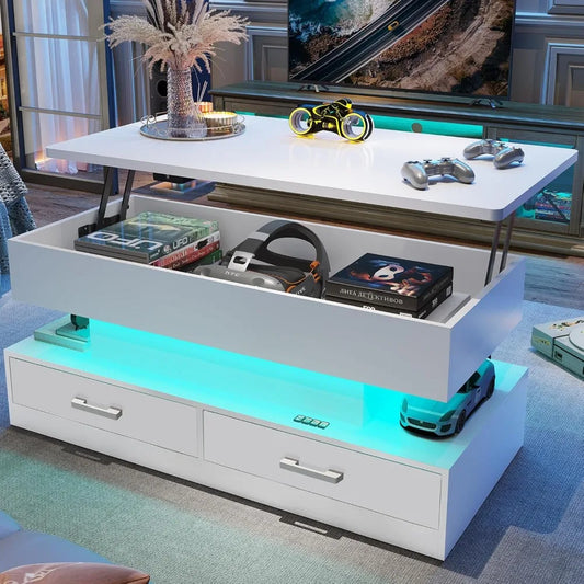 Lift Top Table with 2Fabric Drawers, Storage & LED Light