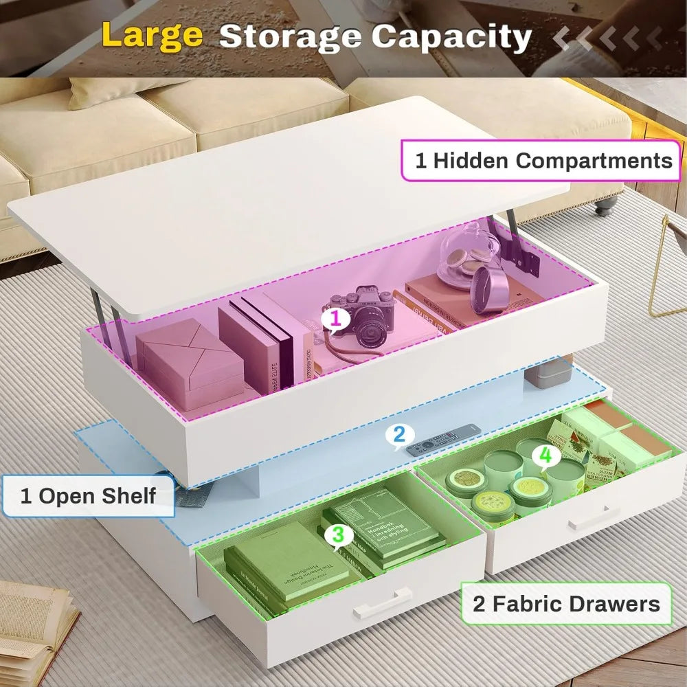 Lift Top Table with 2Fabric Drawers, Storage & LED Light