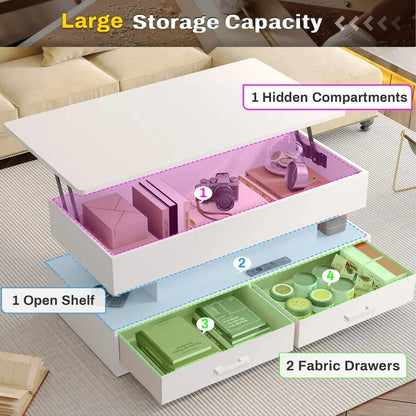 Lift Top Table with 2Fabric Drawers, Storage & LED Light